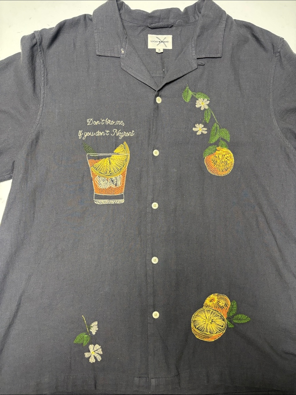 Lucky Brand Navy Short-Sleeve Button-Down Shirt with Orange Embroidery